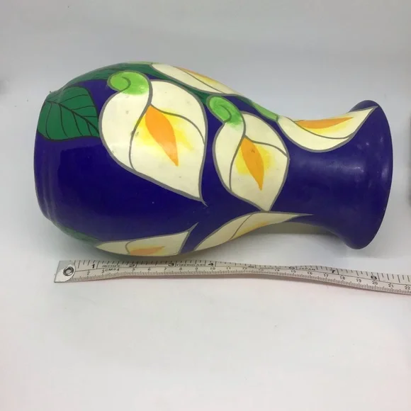 Vtg Mexican Blue Calla Lily Flower Hand Painted Red Clay Vase Pottery Folk Art - Picture 7 of 7